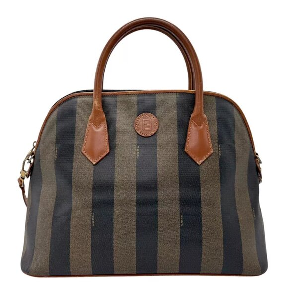 Auth FENDI Pecan Shoulder Bag Handbag Brown/Black PVC/Leather/Goldtone - n0883